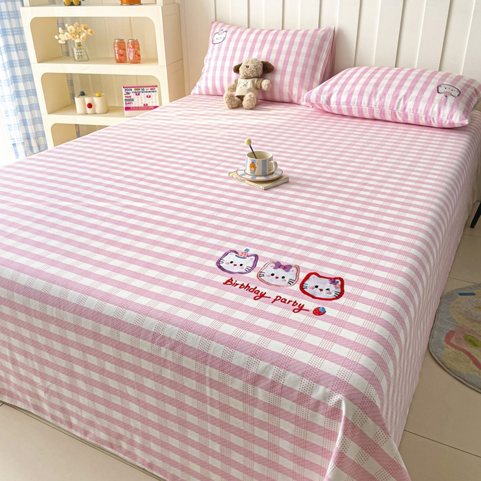 91家纺网 家纺一手货源 找家纺 雅居纺家纺 2026新款全棉绣花A类老粗布床单单件床单单品凉席席子 老粗布-猫咪派对