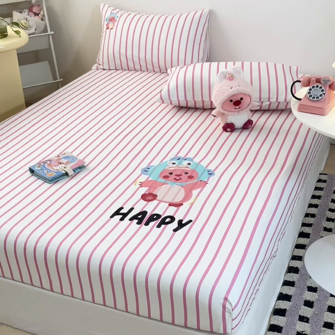 91家纺网 家纺一手货源 找家纺 雅居纺家纺 2026新款全棉绣花A类老粗布床笠单件床笠单品凉席席子 老粗布-小海狸-粉