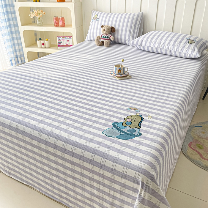 91家纺网 家纺一手货源 找家纺 雅居纺家纺 2026新款全棉绣花A类老粗布床单单件床单单品凉席席子 老粗布-星球恐龙