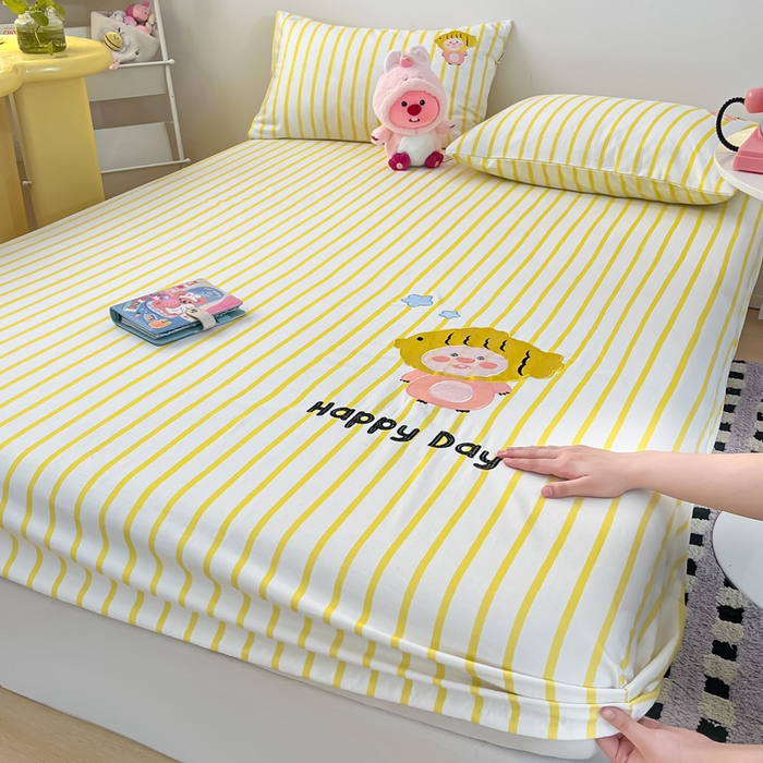 雅居纺家纺 2026新款全棉绣花A类老粗布床笠单件床笠单品凉席席子 老粗布-小海狸-黄