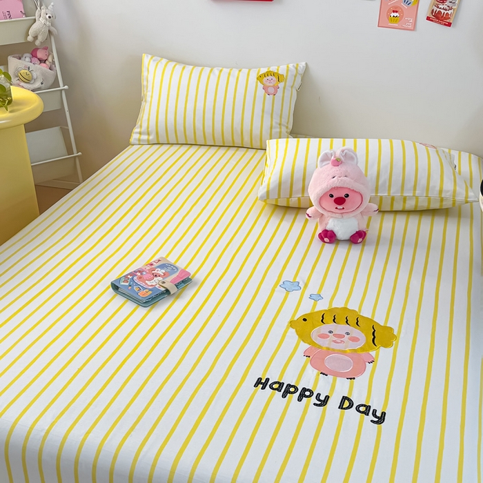 91家纺网 家纺一手货源 找家纺 雅居纺家纺 2026新款全棉绣花A类老粗布床笠单件床笠单品凉席席子 老粗布-小海狸-黄