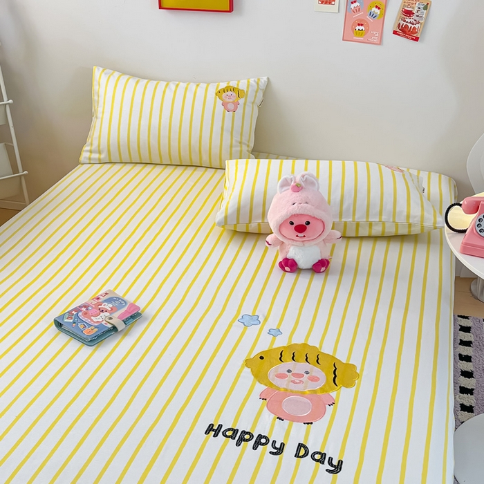 91家纺网 家纺一手货源 找家纺 雅居纺家纺 2026新款全棉绣花A类老粗布床笠单件床笠单品凉席席子 老粗布-小海狸-黄