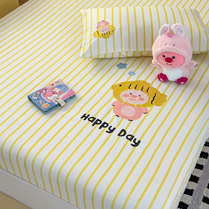 91家纺网 家纺一手货源 找家纺 雅居纺家纺 2026新款全棉绣花A类老粗布床笠单件床笠单品凉席席子 老粗布-小海狸-黄