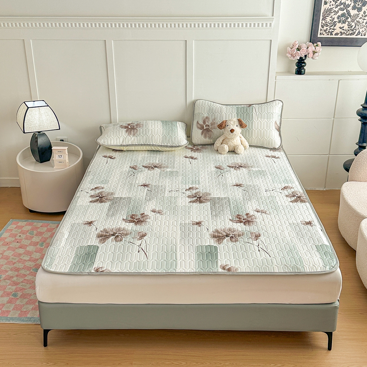 悦织湾家纺 2026新款床单款乳胶席三件套印花纯色冰丝凉感夏凉乳胶席子 色块花