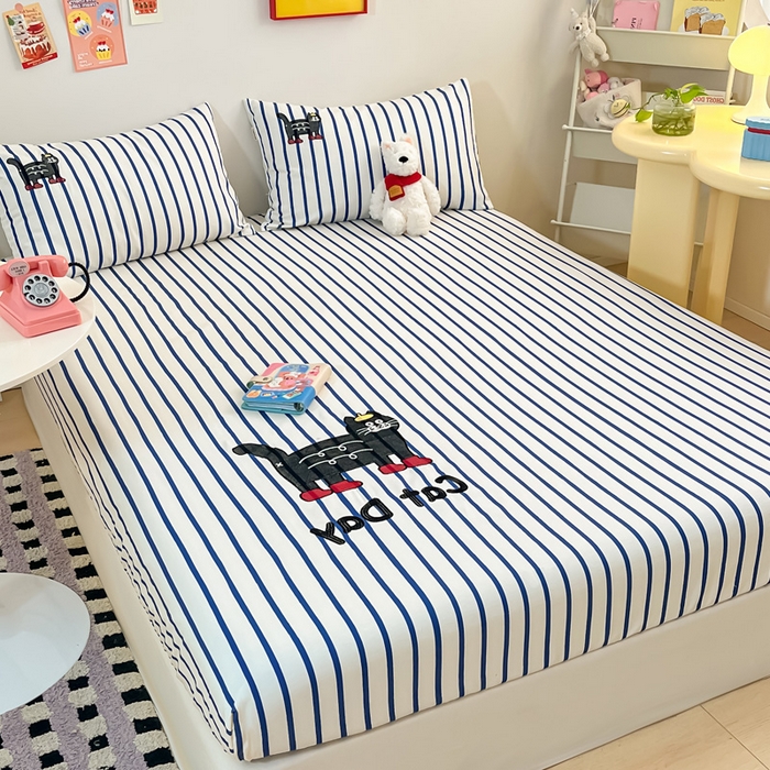 91家纺网 家纺一手货源 找家纺 雅居纺家纺 2026新款全棉绣花A类老粗布床笠单件床笠单品凉席席子 老粗布-小猫咪