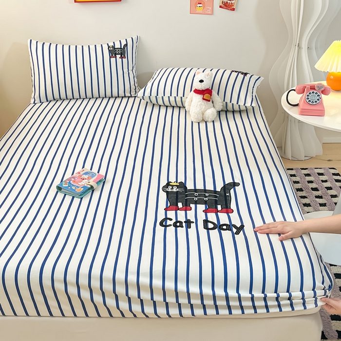 91家纺网 家纺一手货源 找家纺 雅居纺家纺 2026新款全棉绣花A类老粗布床笠单件床笠单品凉席席子 老粗布-小猫咪