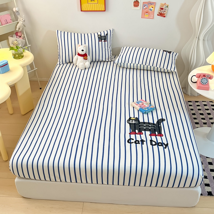 91家纺网 家纺一手货源 找家纺 雅居纺家纺 2026新款全棉绣花A类老粗布床笠单件床笠单品凉席席子 老粗布-小猫咪