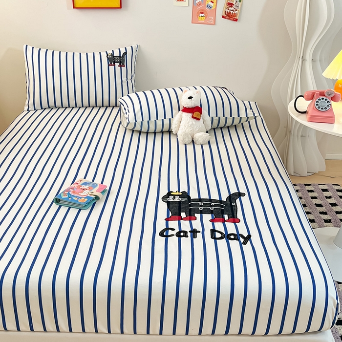 91家纺网 家纺一手货源 找家纺 雅居纺家纺 2026新款全棉绣花A类老粗布床笠单件床笠单品凉席席子 老粗布-小猫咪