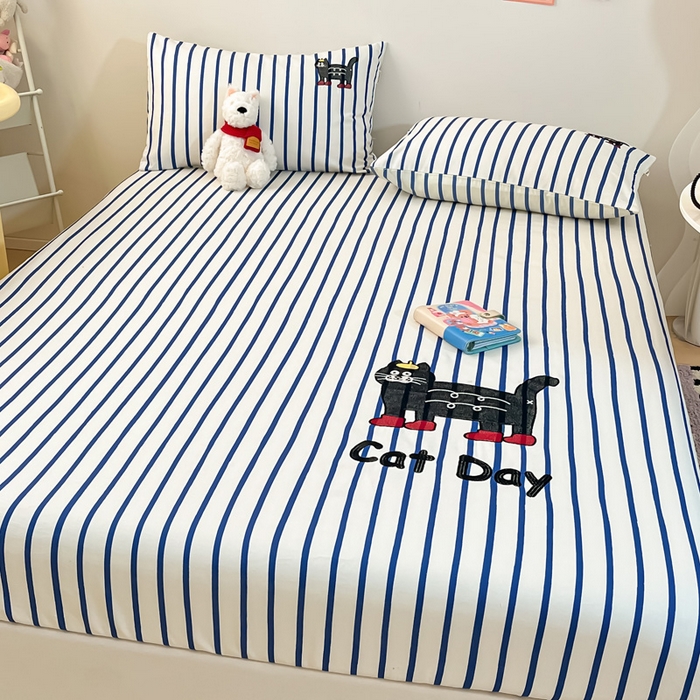 91家纺网 家纺一手货源 找家纺 雅居纺家纺 2026新款全棉绣花A类老粗布床笠单件床笠单品凉席席子 老粗布-小猫咪