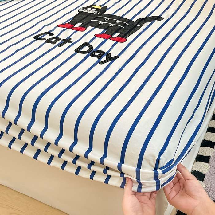 91家纺网 家纺一手货源 找家纺 雅居纺家纺 2026新款全棉绣花A类老粗布床笠单件床笠单品凉席席子 老粗布-小猫咪