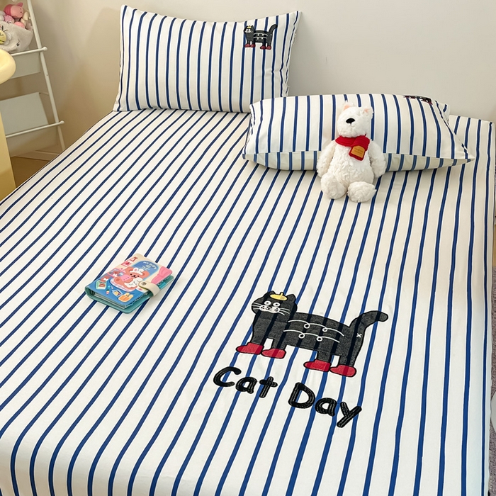 91家纺网 家纺一手货源 找家纺 雅居纺家纺 2026新款全棉绣花A类老粗布床笠单件床笠单品凉席席子 老粗布-小猫咪