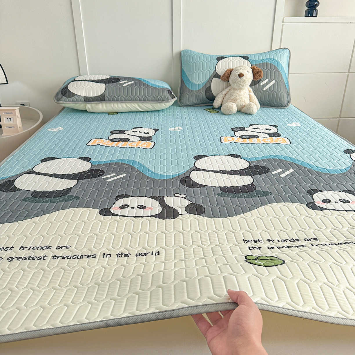 91家纺网 家纺一手货源 找家纺 悦织湾家纺 2026新款床单款乳胶席三件套印花纯色冰丝凉感夏凉乳胶席子 熊猫蓝