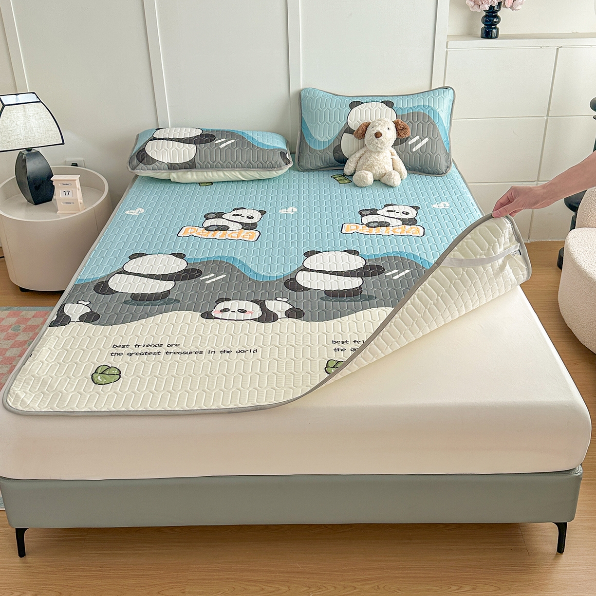 91家纺网 家纺一手货源 找家纺 悦织湾家纺 2026新款床单款乳胶席三件套印花纯色冰丝凉感夏凉乳胶席子 熊猫蓝