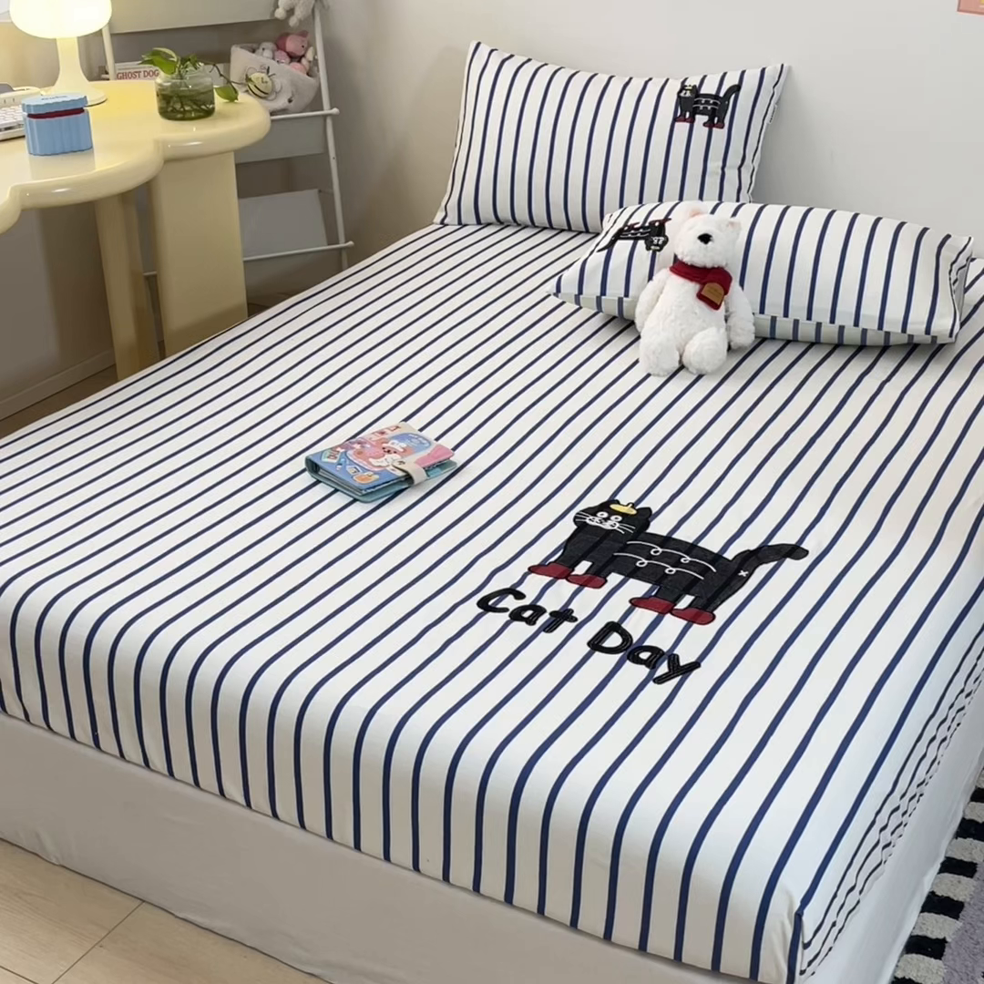 91家纺网 家纺一手货源 找家纺 雅居纺家纺 2026新款全棉绣花A类老粗布床笠单件床笠单品凉席席子 老粗布-小猫咪