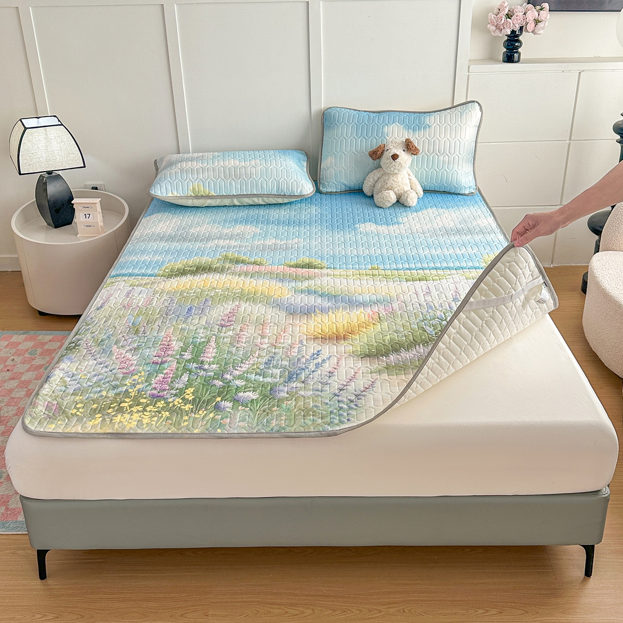 91家纺网 家纺一手货源 找家纺 悦织湾家纺 2026新款床单款乳胶席三件套印花纯色冰丝凉感夏凉乳胶席子 薰衣草