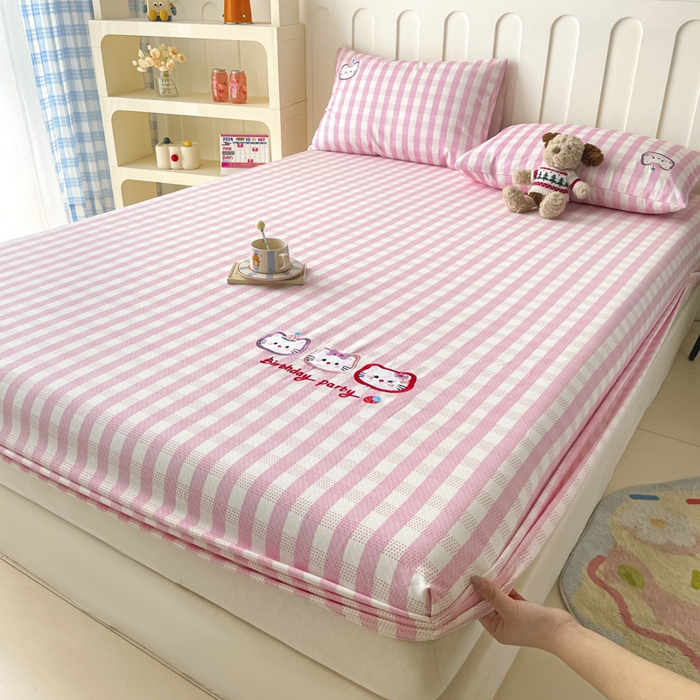 91家纺网 家纺一手货源 找家纺 雅居纺家纺 2026新款全棉绣花A类老粗布床笠单件床笠单品凉席席子 老粗布-猫咪派对