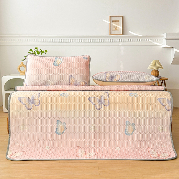 91家纺网 家纺一手货源 找家纺 悦织湾家纺 2026新款床单款乳胶席三件套印花纯色冰丝凉感夏凉乳胶席子 彩条蝴蝶