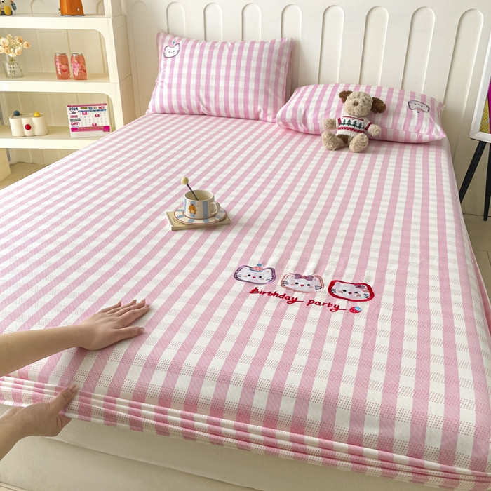 91家纺网 家纺一手货源 找家纺 雅居纺家纺 2026新款全棉绣花A类老粗布床笠单件床笠单品凉席席子 老粗布-猫咪派对