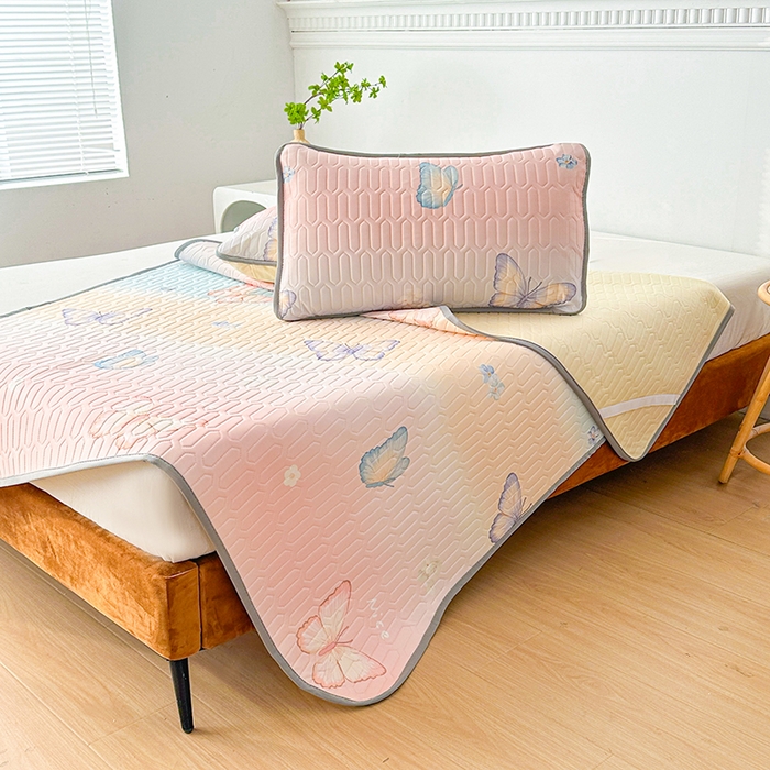 91家纺网 家纺一手货源 找家纺 悦织湾家纺 2026新款床单款乳胶席三件套印花纯色冰丝凉感夏凉乳胶席子 彩条蝴蝶