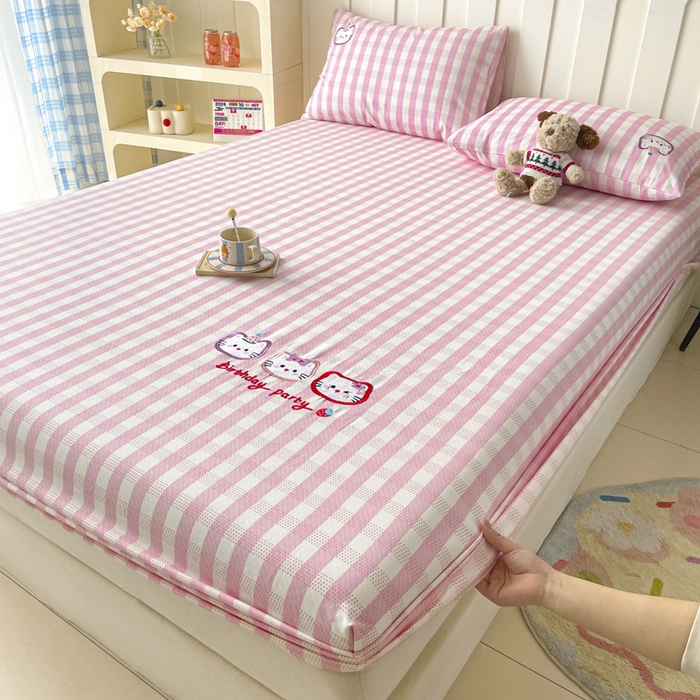 91家纺网 家纺一手货源 找家纺 雅居纺家纺 2026新款全棉绣花A类老粗布床笠单件床笠单品凉席席子 老粗布-猫咪派对