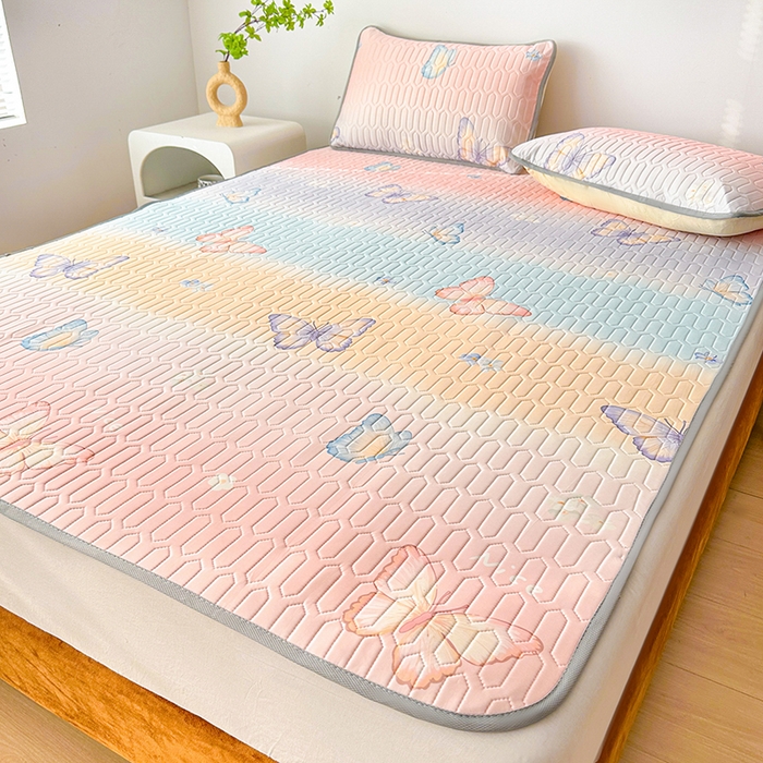 91家纺网 家纺一手货源 找家纺 悦织湾家纺 2026新款床单款乳胶席三件套印花纯色冰丝凉感夏凉乳胶席子 彩条蝴蝶