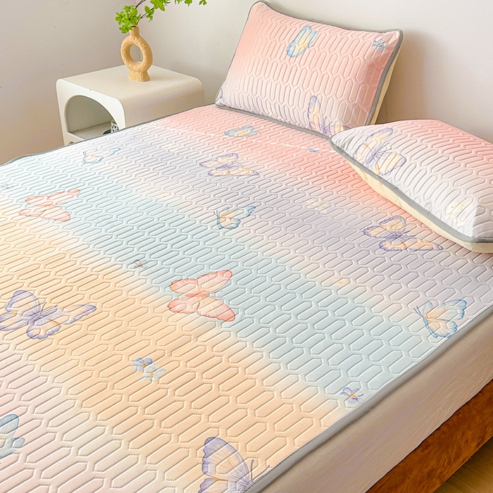 91家纺网 家纺一手货源 找家纺 悦织湾家纺 2026新款床单款乳胶席三件套印花纯色冰丝凉感夏凉乳胶席子 彩条蝴蝶