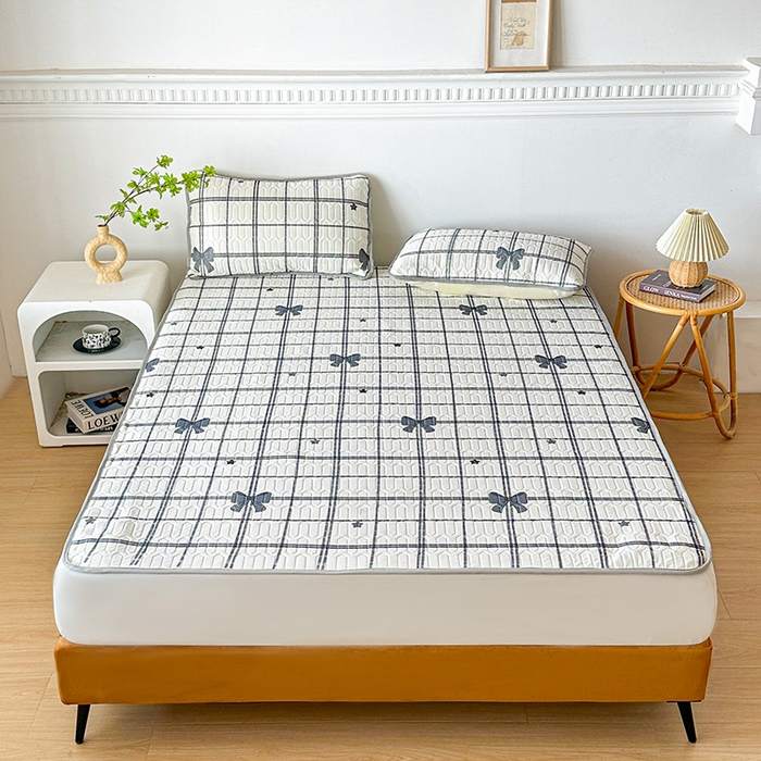 悦织湾家纺 2026新款床单款乳胶席三件套印花纯色冰丝凉感夏凉乳胶席子 格子蝴蝶结