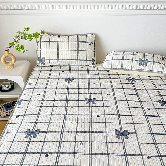 91家纺网 家纺一手货源 找家纺 悦织湾家纺 2026新款床单款乳胶席三件套印花纯色冰丝凉感夏凉乳胶席子 格子蝴蝶结