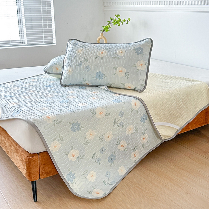 91家纺网 家纺一手货源 找家纺 悦织湾家纺 2026新款床单款乳胶席三件套印花纯色冰丝凉感夏凉乳胶席子 花韵兰