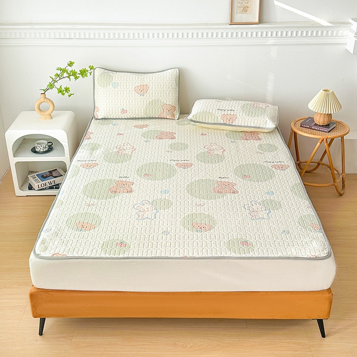 悦织湾家纺 2026新款床单款乳胶席三件套印花纯色冰丝凉感夏凉乳胶席子 气球熊绿