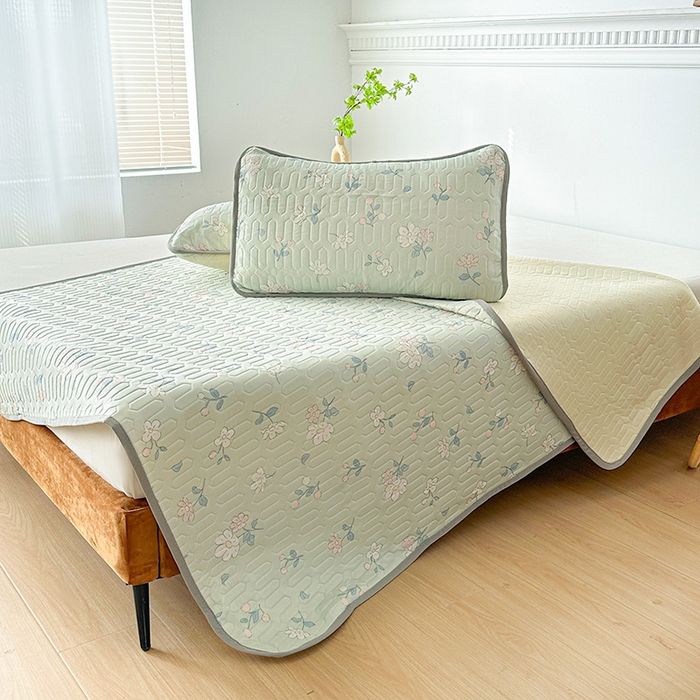 91家纺网 家纺一手货源 找家纺 悦织湾家纺 2026新款床单款乳胶席三件套印花纯色冰丝凉感夏凉乳胶席子 小花绿