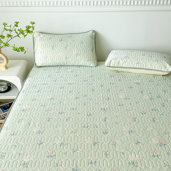 91家纺网 家纺一手货源 找家纺 悦织湾家纺 2026新款床单款乳胶席三件套印花纯色冰丝凉感夏凉乳胶席子 小花绿