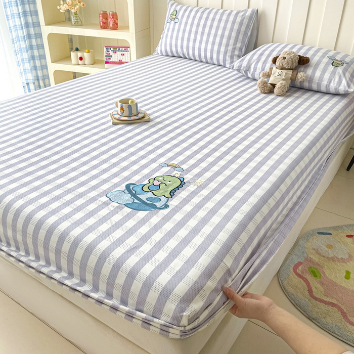 91家纺网 家纺一手货源 找家纺 雅居纺家纺 2026新款全棉绣花A类老粗布床笠单件床笠单品凉席席子 老粗布-星球恐龙