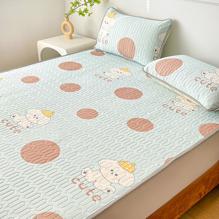 91家纺网 家纺一手货源 找家纺 悦织湾家纺 2026新款床单款乳胶席三件套印花纯色冰丝凉感夏凉乳胶席子 小可爱浅蓝