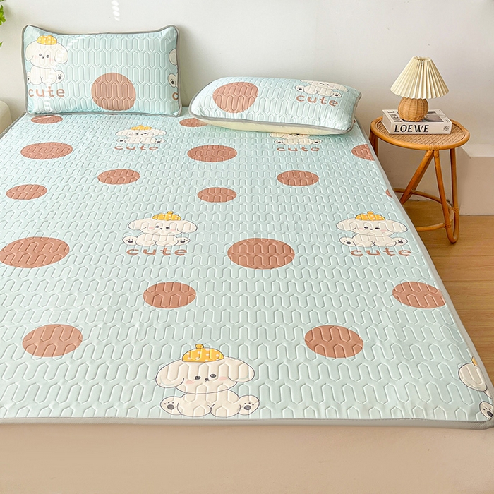 91家纺网 家纺一手货源 找家纺 悦织湾家纺 2026新款床单款乳胶席三件套印花纯色冰丝凉感夏凉乳胶席子 小可爱浅蓝