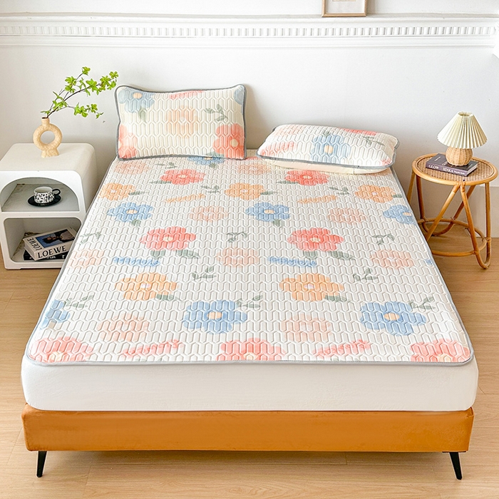 悦织湾家纺 2026新款床单款乳胶席三件套印花纯色冰丝凉感夏凉乳胶席子 绚丽花开桔