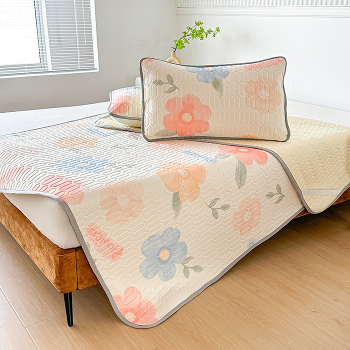 91家纺网 家纺一手货源 找家纺 悦织湾家纺 2026新款床单款乳胶席三件套印花纯色冰丝凉感夏凉乳胶席子 绚丽花开桔