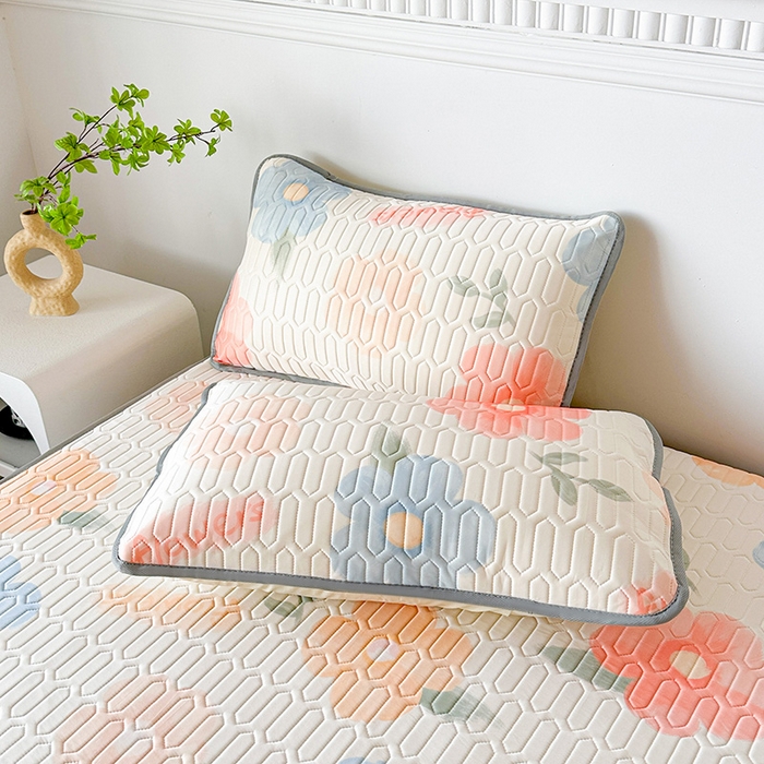 91家纺网 家纺一手货源 找家纺 悦织湾家纺 2026新款床单款乳胶席三件套印花纯色冰丝凉感夏凉乳胶席子 绚丽花开桔