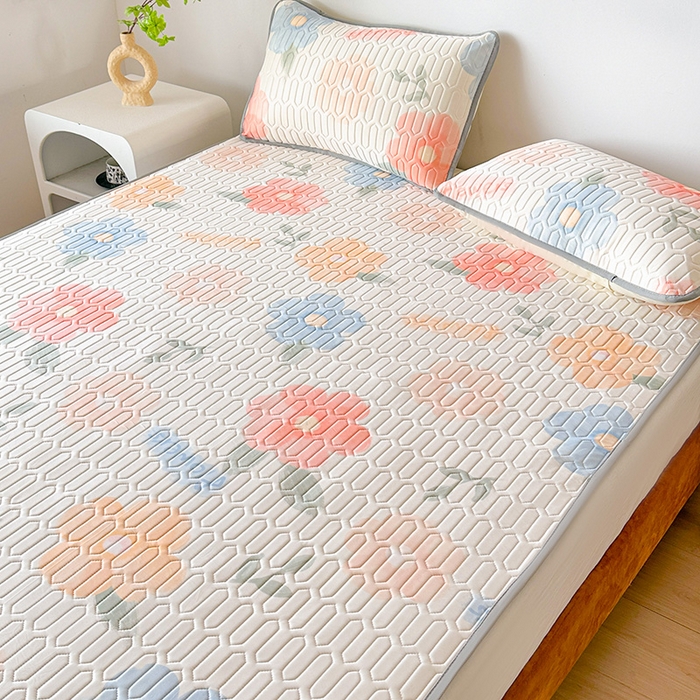 91家纺网 家纺一手货源 找家纺 悦织湾家纺 2026新款床单款乳胶席三件套印花纯色冰丝凉感夏凉乳胶席子 绚丽花开桔