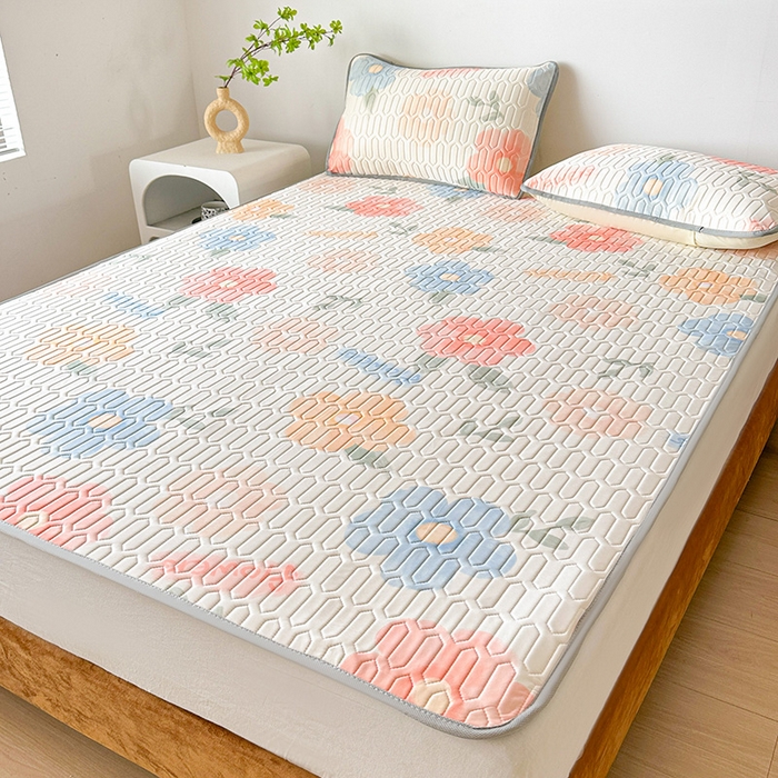 91家纺网 家纺一手货源 找家纺 悦织湾家纺 2026新款床单款乳胶席三件套印花纯色冰丝凉感夏凉乳胶席子 绚丽花开桔