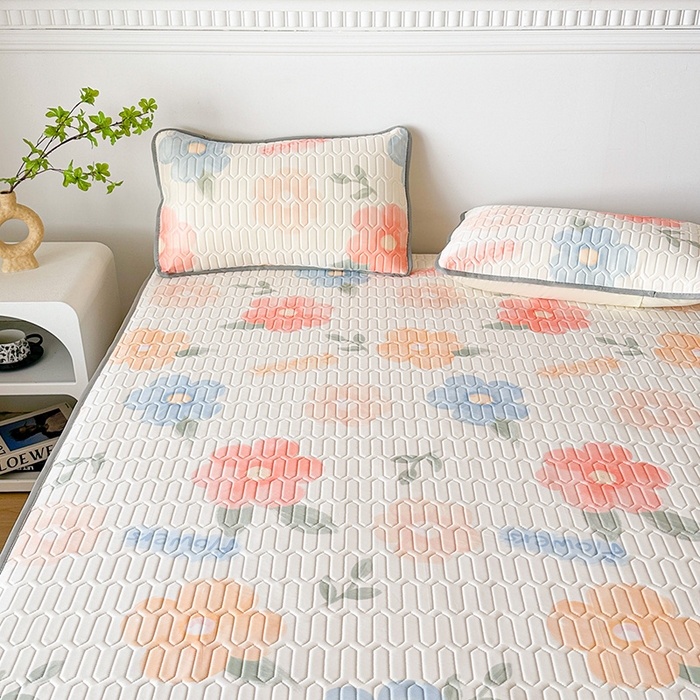 91家纺网 家纺一手货源 找家纺 悦织湾家纺 2026新款床单款乳胶席三件套印花纯色冰丝凉感夏凉乳胶席子 绚丽花开桔