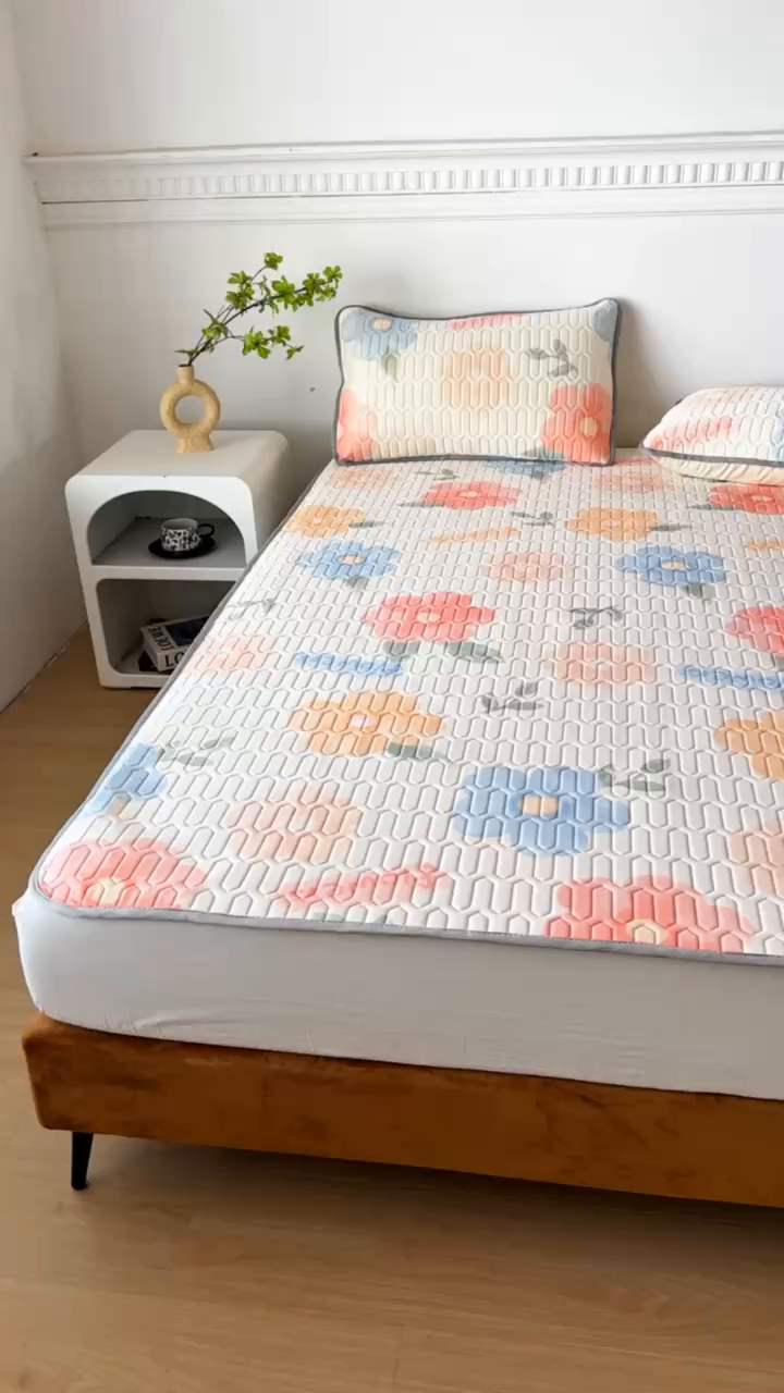 91家纺网 家纺一手货源 找家纺 悦织湾家纺 2026新款床单款乳胶席三件套印花纯色冰丝凉感夏凉乳胶席子 绚丽花开桔