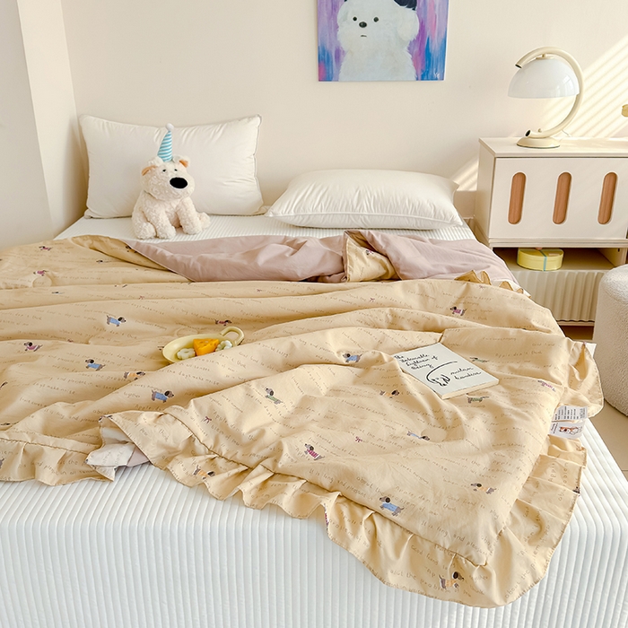 91家纺网 家纺一手货源 找家纺 归属 2026春夏新款古法仿棉夏被夏凉被空调被系列 狗狗家族