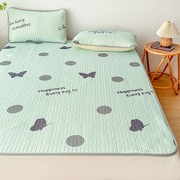 91家纺网 家纺一手货源 找家纺 悦织湾家纺 2026新款床单款乳胶席三件套印花纯色冰丝凉感夏凉乳胶席子 圆圈蝴蝶