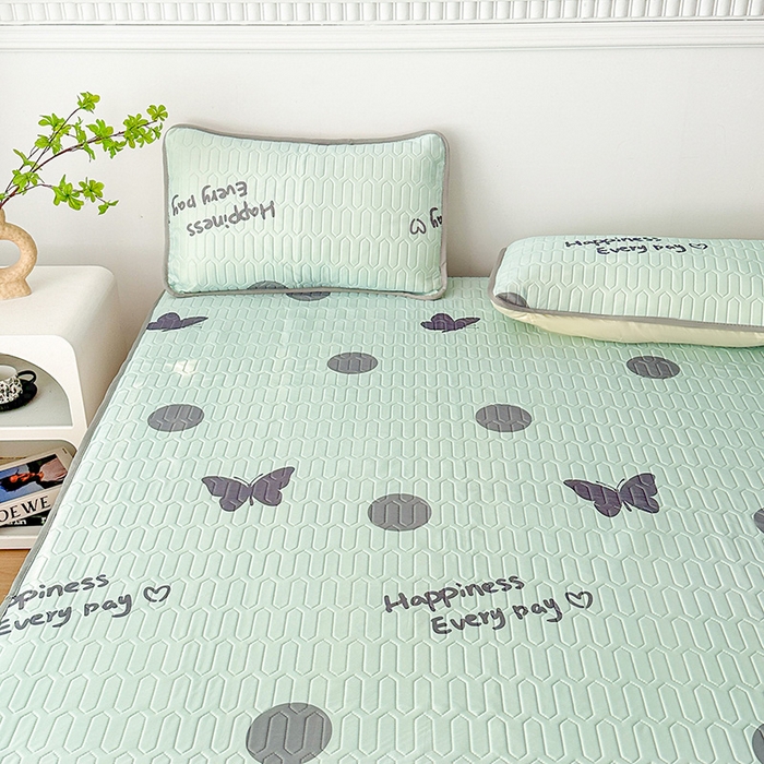 91家纺网 家纺一手货源 找家纺 悦织湾家纺 2026新款床单款乳胶席三件套印花纯色冰丝凉感夏凉乳胶席子 圆圈蝴蝶