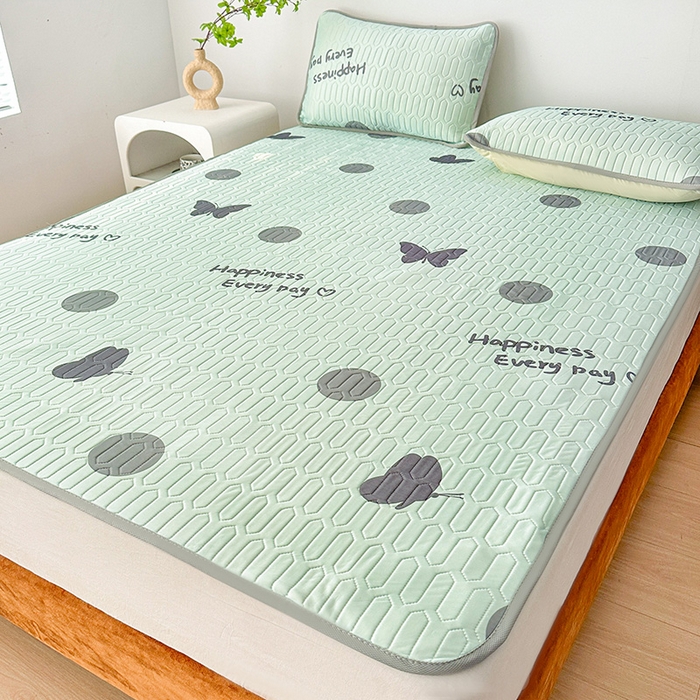 91家纺网 家纺一手货源 找家纺 悦织湾家纺 2026新款床单款乳胶席三件套印花纯色冰丝凉感夏凉乳胶席子 圆圈蝴蝶