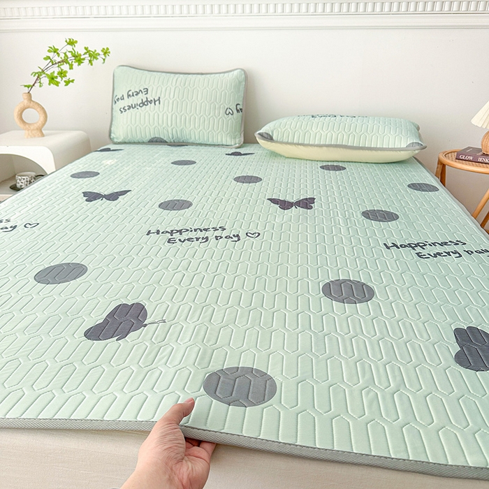 91家纺网 家纺一手货源 找家纺 悦织湾家纺 2026新款床单款乳胶席三件套印花纯色冰丝凉感夏凉乳胶席子 圆圈蝴蝶