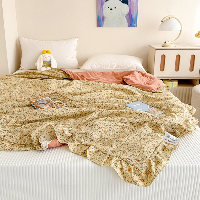 91家纺网 家纺一手货源 找家纺 归属 2026春夏新款古法仿棉夏被夏凉被空调被系列 金盏花事