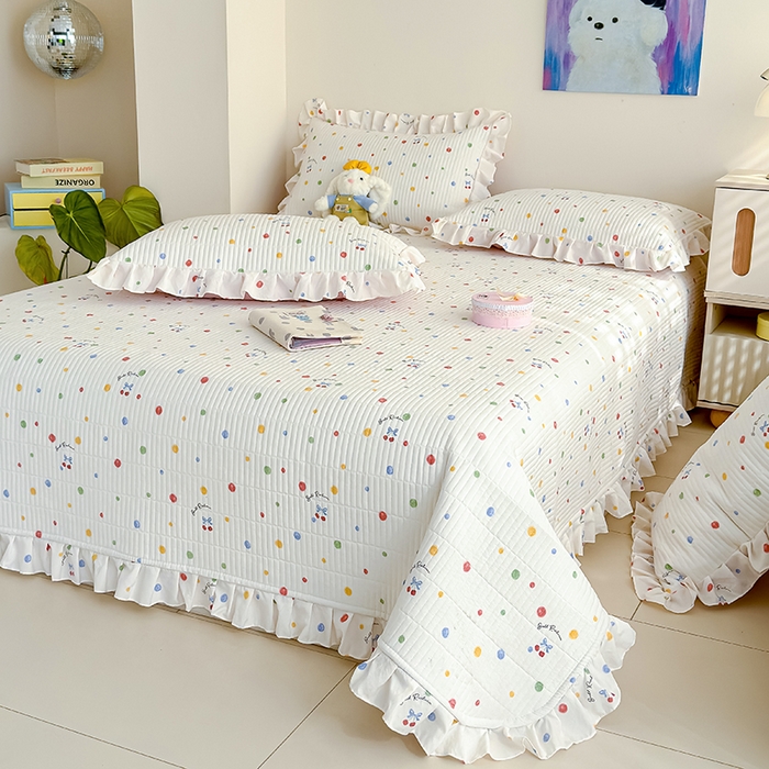 91家纺网 家纺一手货源 找家纺 归属 2026春夏新款古法仿棉单床盖床盖三件套 彩色波点