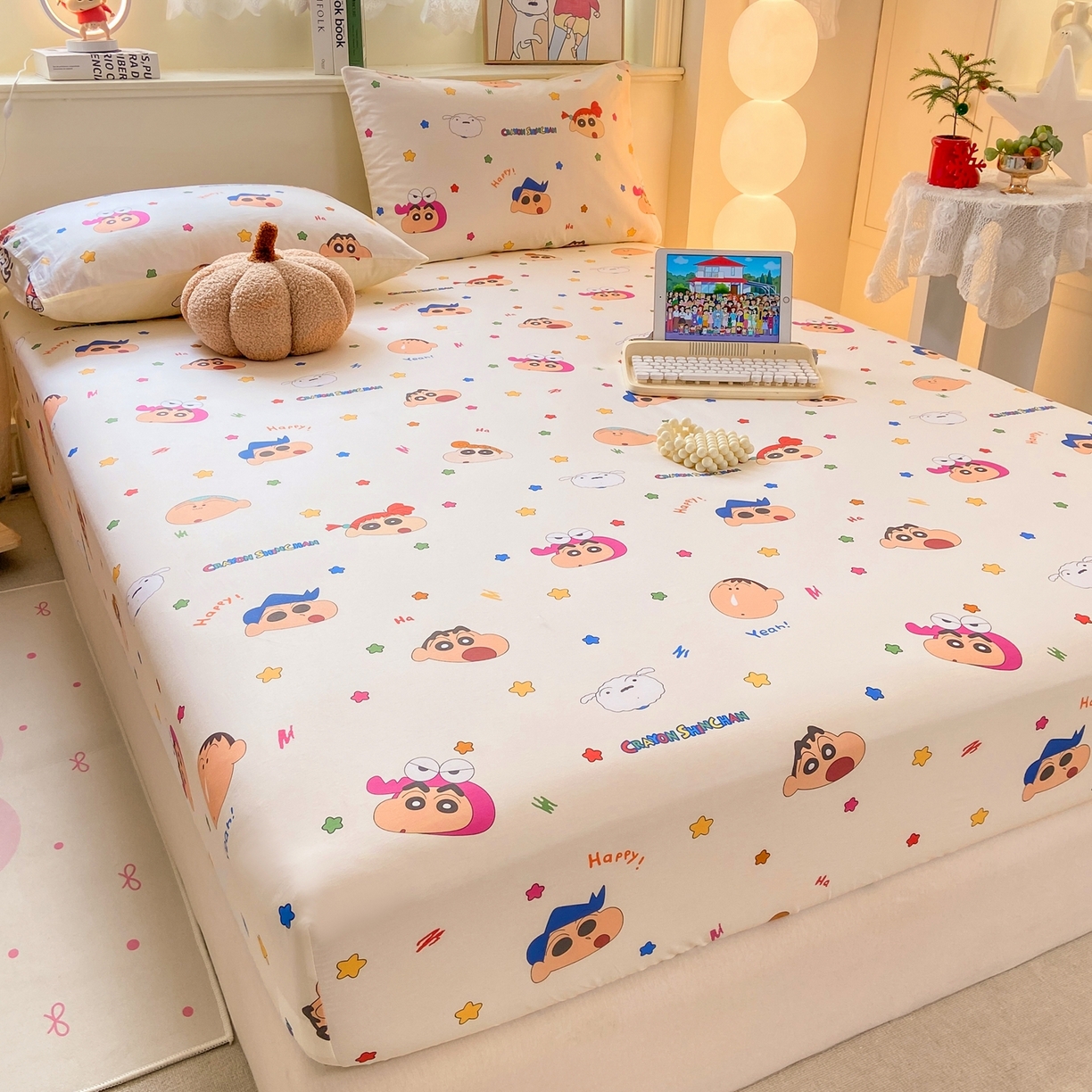 91家纺网 家纺一手货源 找家纺 博雅 2026新款蜡笔小新正版授权全棉纯棉小版单床笠床笠单件 小版-彩色星星蜡笔小新